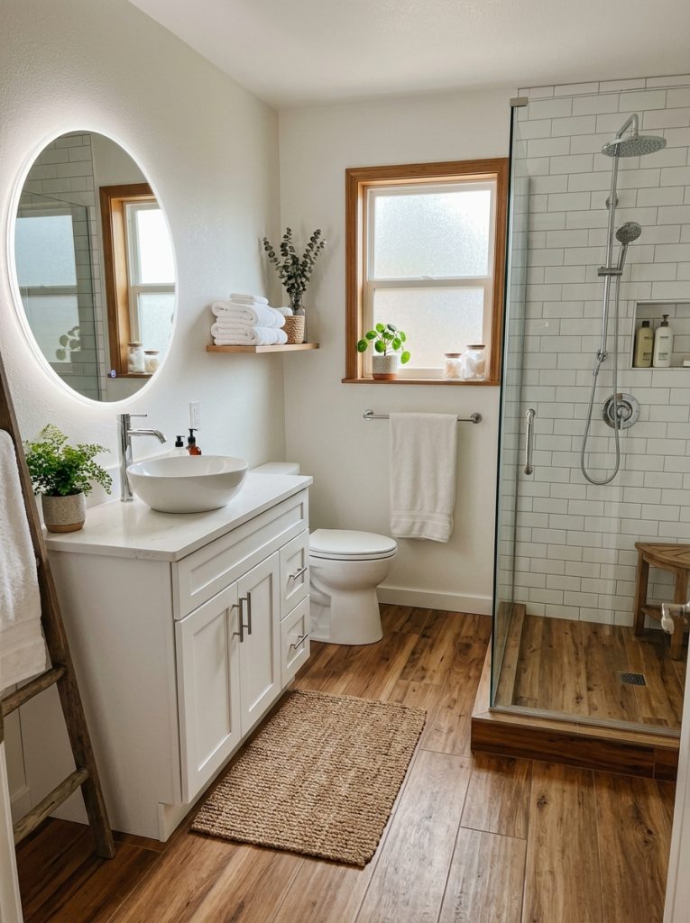 Bathroom with wood-look porcelain plank tiles on floor in warm oak tones with white walls and vanity in a warm inviting atmosphere