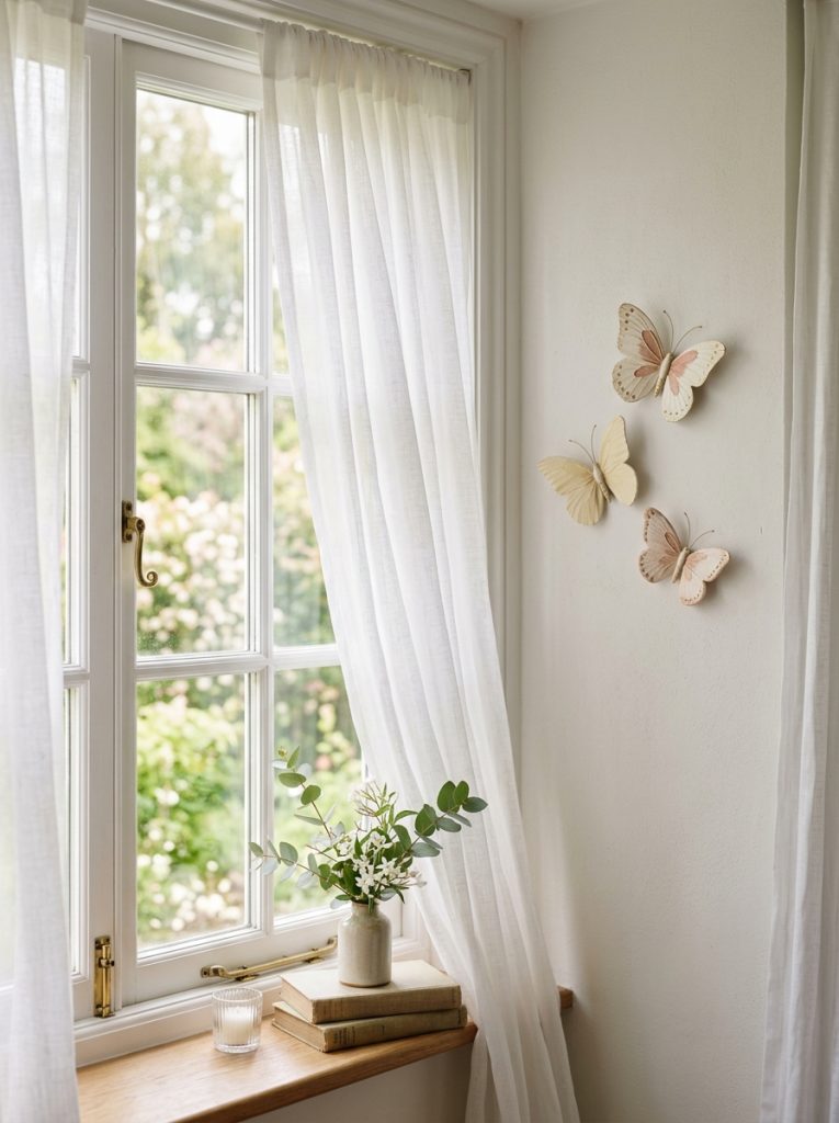Small cluster of delicate cream and blush butterfly wall decorations near a white bedroom window as a subtle spring accent