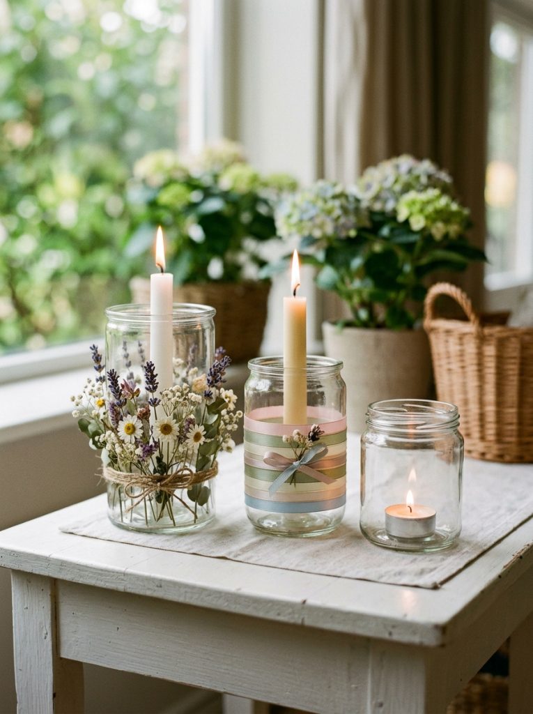 Three glass candle holders styled for spring with dried flowers pastel ribbon and tea light on a white side table