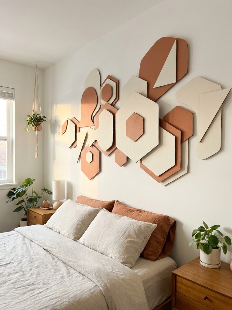 Cardboard DIY room decor wall art geometric shapes layered different depths painted cream white terracotta three-dimensional sculptural impressive