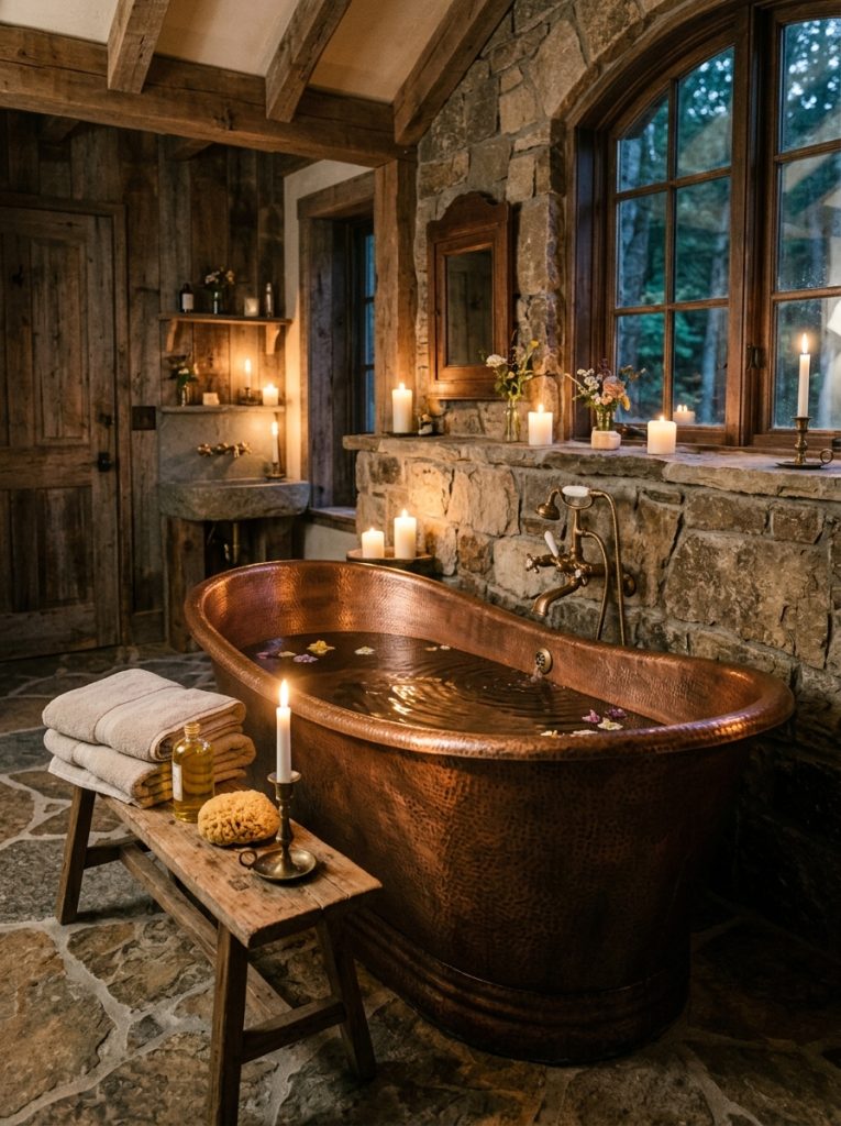 Hand-hammered copper soaking tub in rustic luxurious bathroom with warm metallic tones natural stone floor and wooden accents