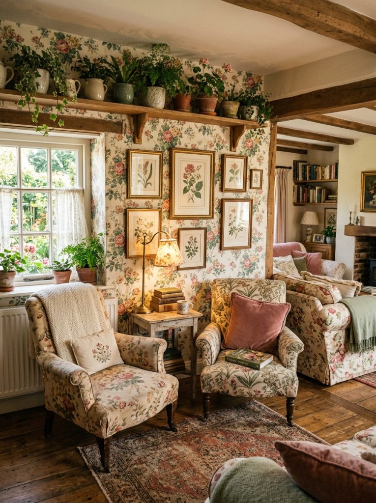 Cottage core living room with floral wallpaper vintage mismatched armchairs chintz floral fabrics botanical prints antique frames ceramic plant pots vintage lamp warm layered textiles romantic cozy personal