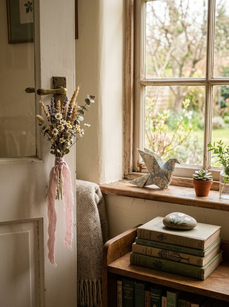 Cozy home corner with intentional spring details including dried wildflower bundle ribbon painted stone and paper bird on windowsill