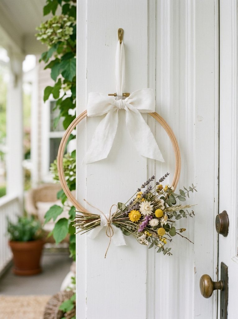  Minimal spring door decoration with embroidery hoop dried wildflowers and white fabric ribbon bow on a white front door
