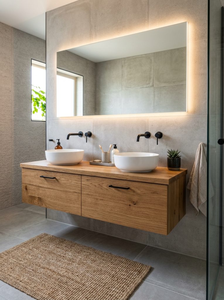Double bathroom vanity with white ceramic vessel sinks wooden countertop matte black faucets and large LED mirror in a modern bathroom