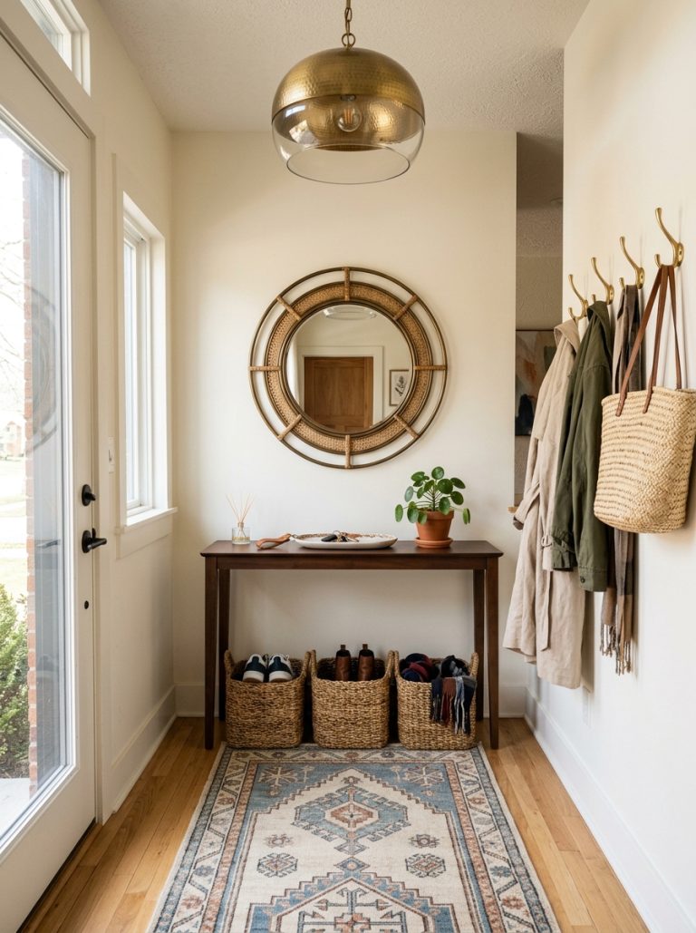 Beautiful entryway with slim console table decorative tray wall-mounted mirror runner rug wall hooks woven baskets shoe storage and statement pendant light creating welcoming organized designed space
