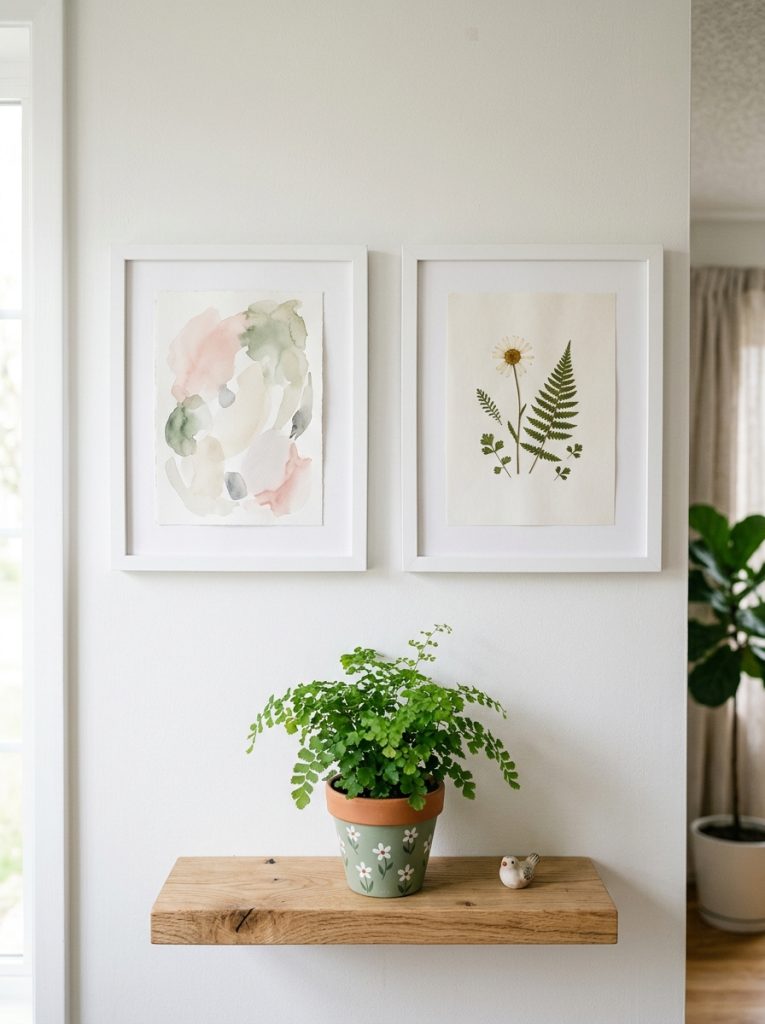 Two white frames with watercolor painting and pressed botanical on a white wall beside painted terracotta pot for spring