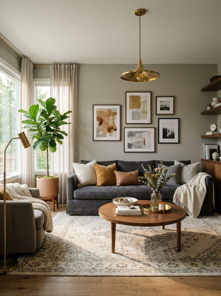 Gray living room with warm gray walls charcoal sofa cream warm tone pillows wood accents brass pendant light large area rug statement plant artwork sophisticated layered gray tones