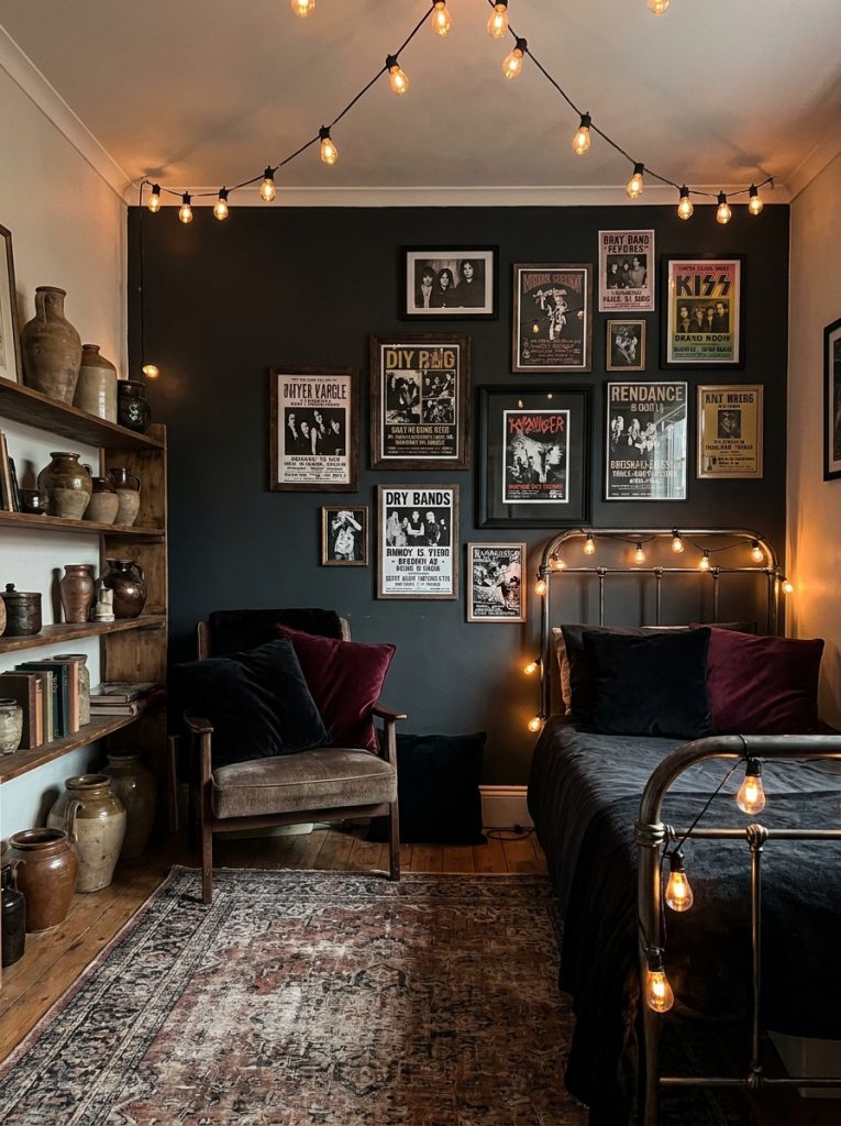 Grunge DIY room decor charcoal accent wall band poster gallery Edison bulb fairy lights dark velvet cushions distressed rug edgy moody atmospheric