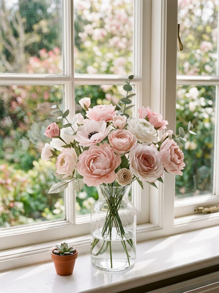  Handmade pastel paper flowers in pink blush and white arranged in a glass vase on a bright spring windowsill