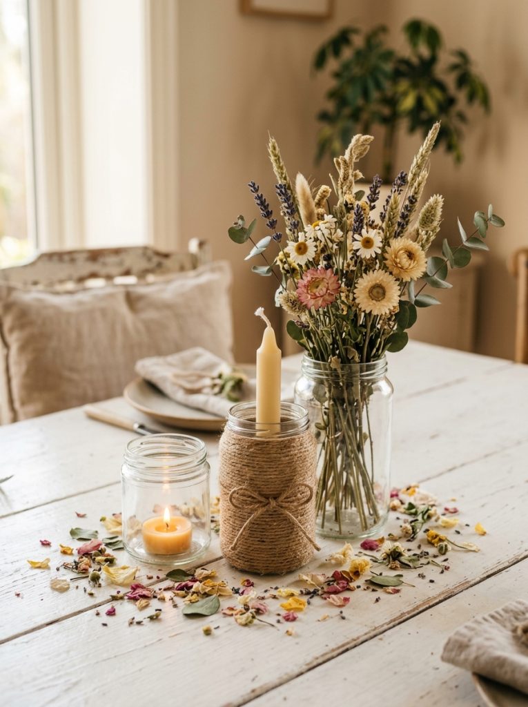 Simple handmade spring table centerpiece with three glass jars dried wildflowers candle and jute twine on a white dining table