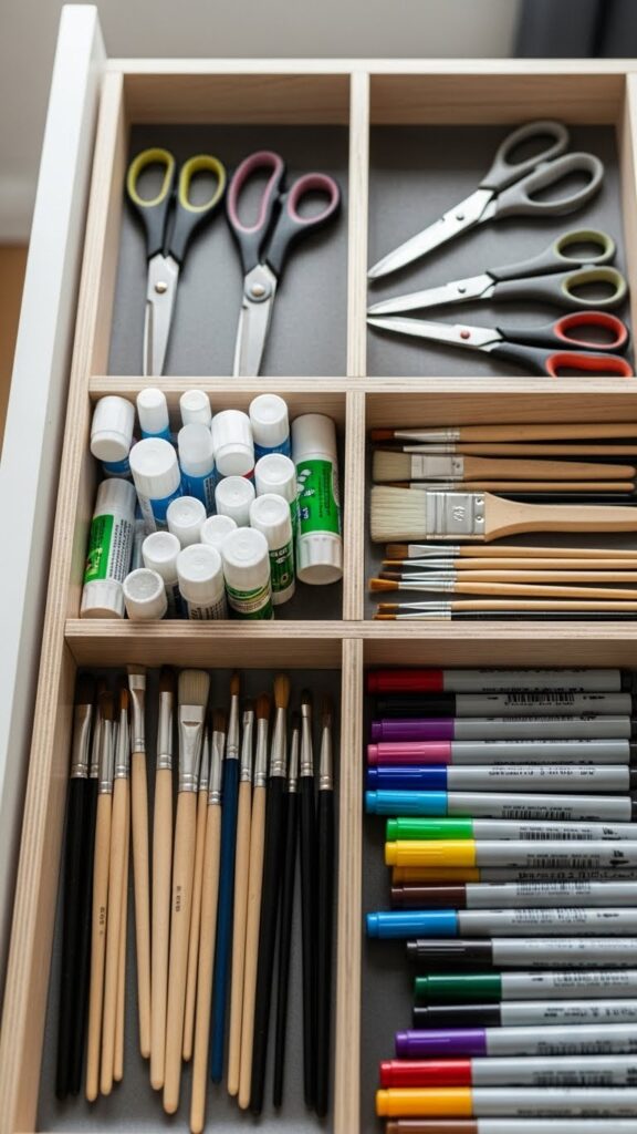 Drawer organizers storing kids art tools neatly and safely