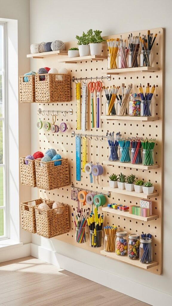 Wall pegboard organizing kids craft and art supplies vertically