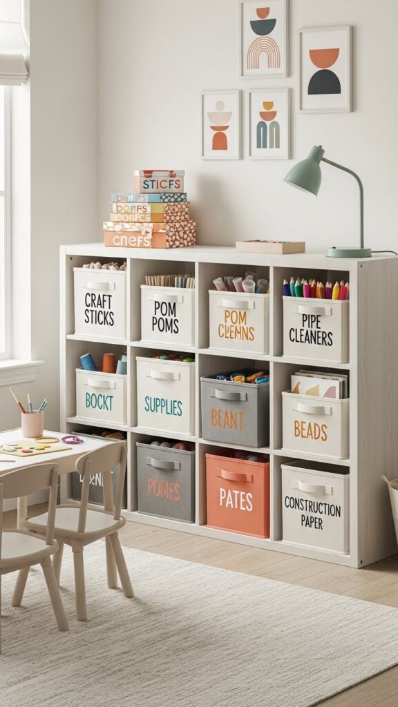 Cube storage unit organizing kids craft supplies in playroom
