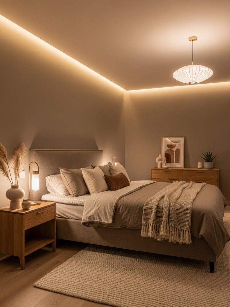 Taupe and soft brown bedroom color palette with a warm modern full room view