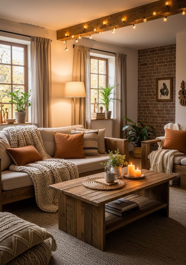 Rustic chic room with reclaimed wood furniture, warm tones, and cozy ambient lighting