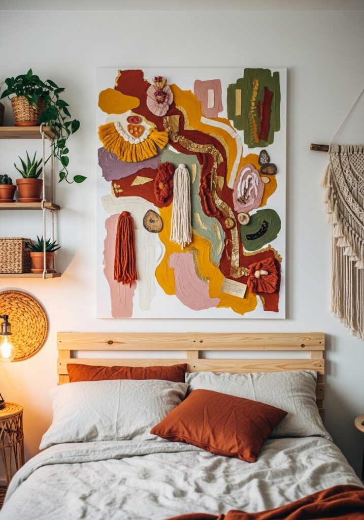 Handmade DIY wall art with abstract colorful textures displayed on a cozy bedroom wall
