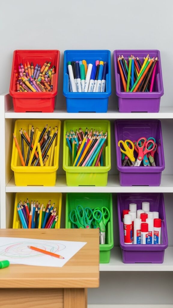 Color-coded storage bins organizing kids art supplies