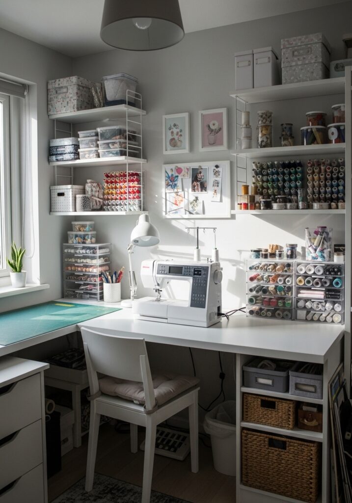 Dedicated sewing table setup providing stability and comfort in a sewing room