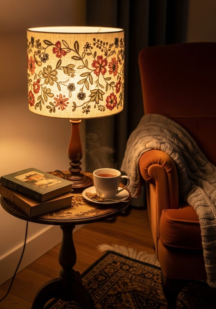 Embroidered lampshade creating soft, warm ambient lighting