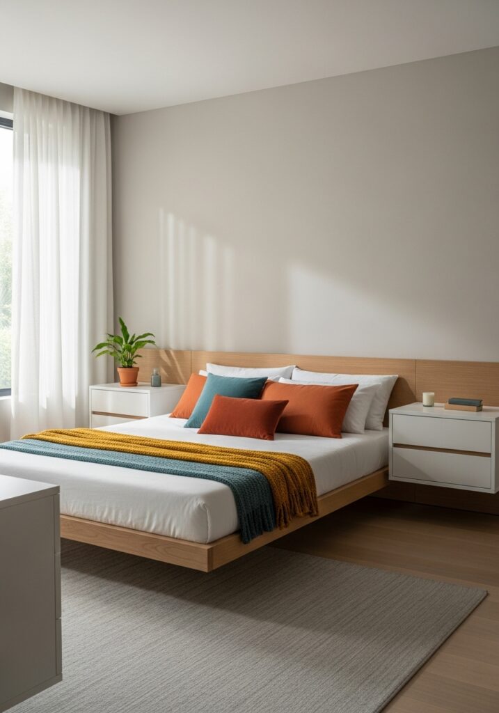 Minimalist bedroom with neutral decor and colorful accent cushions and artwork