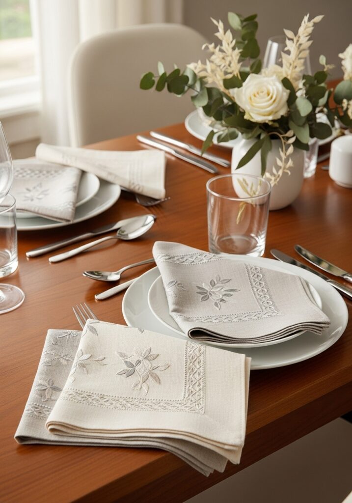 Embroidered cloth napkins styled on a dining table