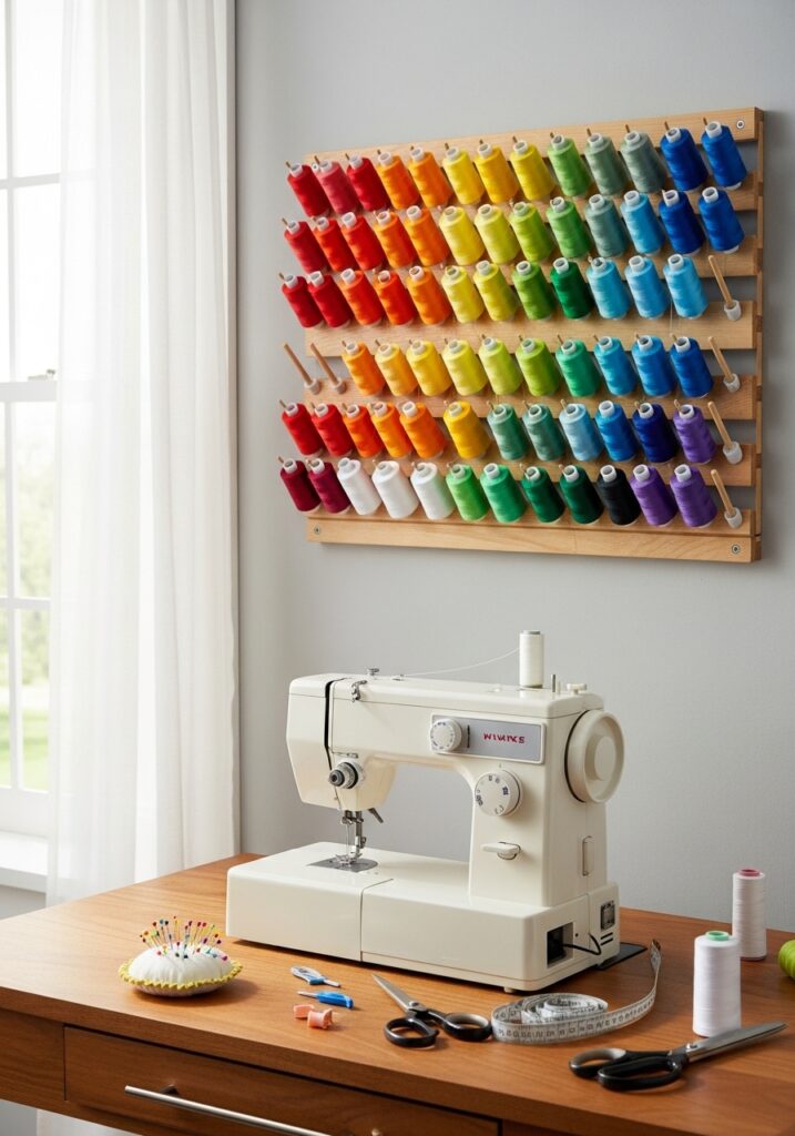  Thread storage rack displaying organized sewing threads