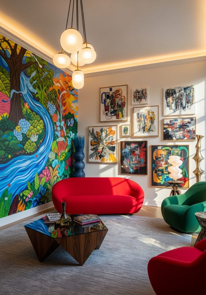 Artistic statement room with bold murals, abstract artwork, and creative decor styling
