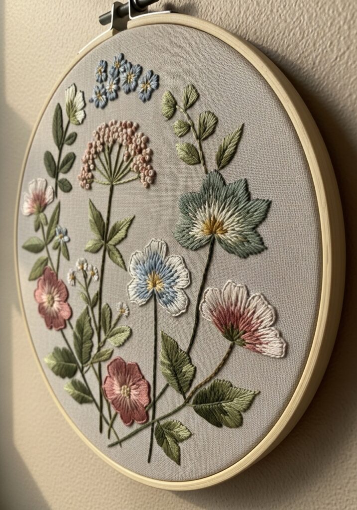 Botanical embroidery wall art featuring floral stitched designs