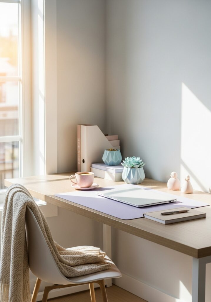 Pastel minimalist workspace with soft color accents, organized desk, and natural daylight
