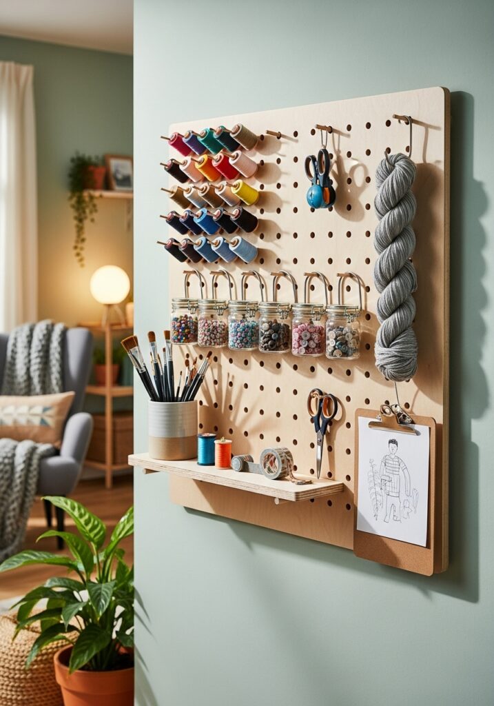 DIY pegboard wall organizer holding craft supplies in a cozy modern room