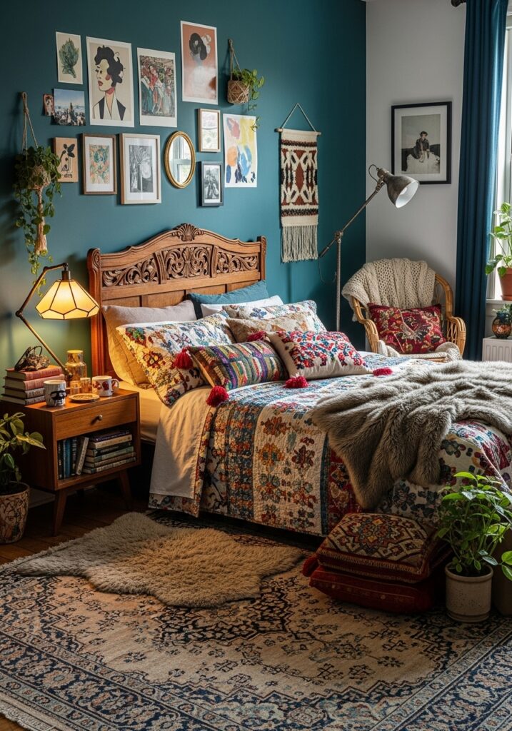 Eclectic bedroom with layered textures, patterned bedding, and colorful cozy decor
