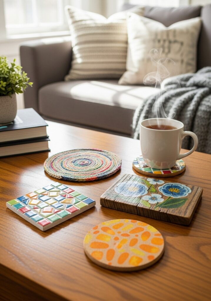 Colorful handmade DIY coasters placed on a table in a cozy living space