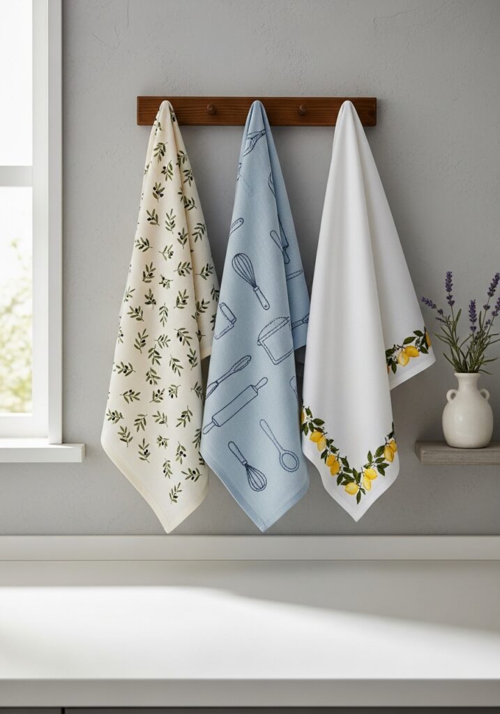 Embroidered kitchen towels adding warmth to a modern kitchen