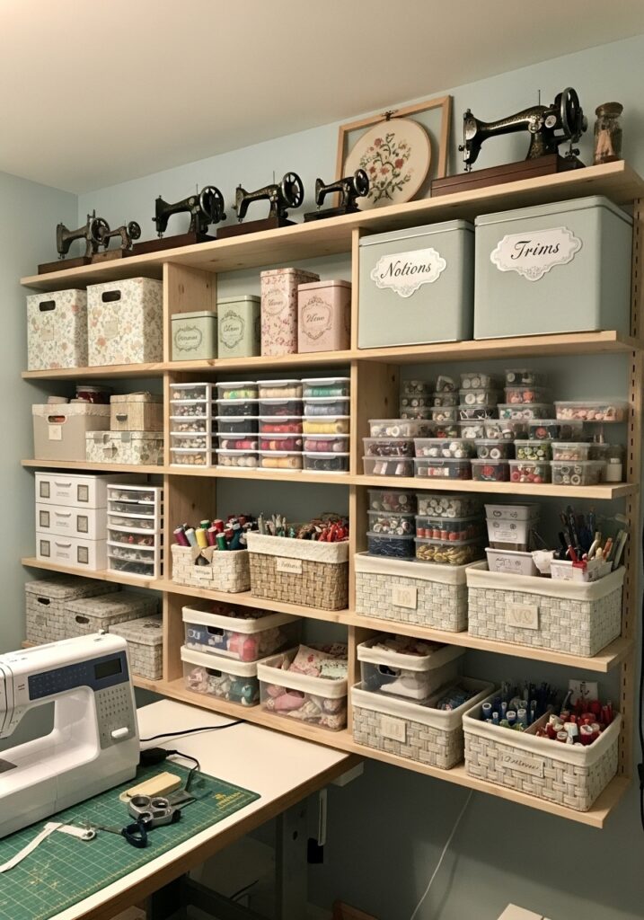  Wall-mounted shelves providing vertical storage in sewing room