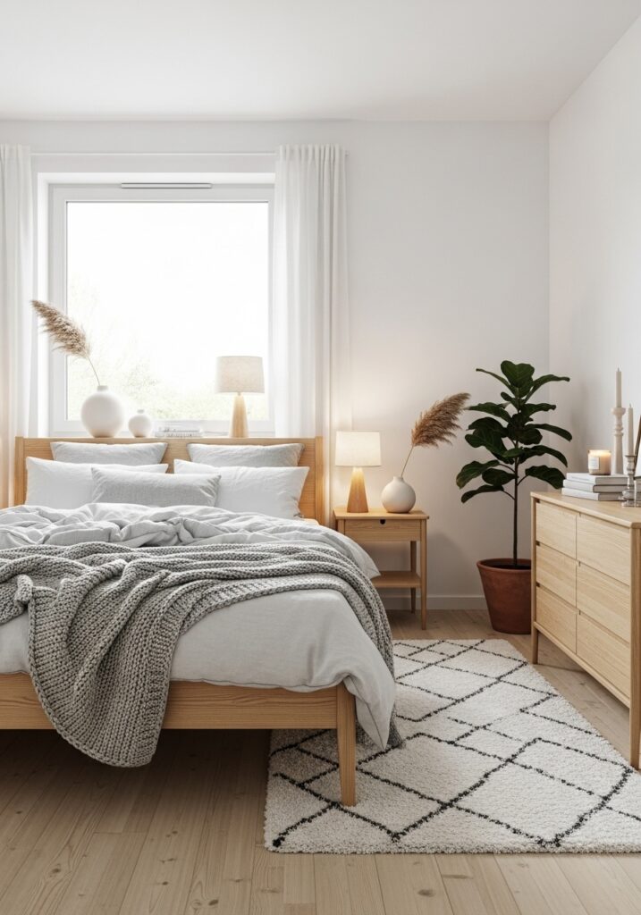 Scandinavian bedroom with light wood furniture, white walls, and natural cozy accents