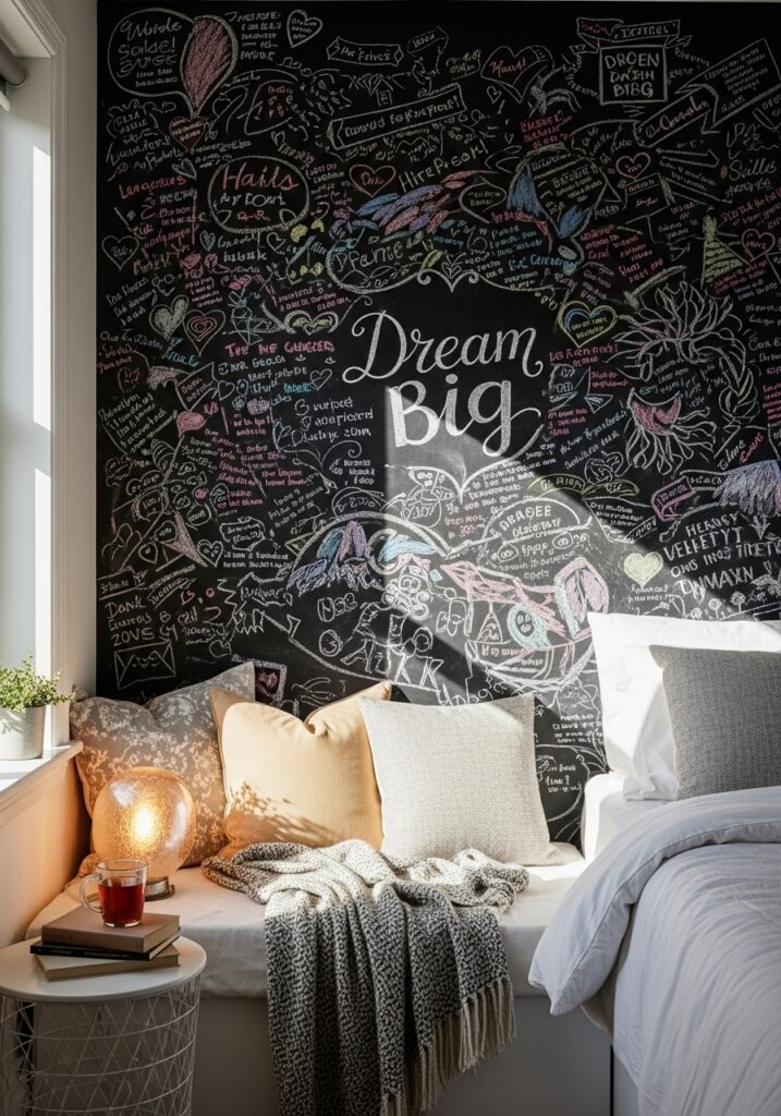 DIY chalkboard wall with handwritten notes and drawings in a creative bedroom