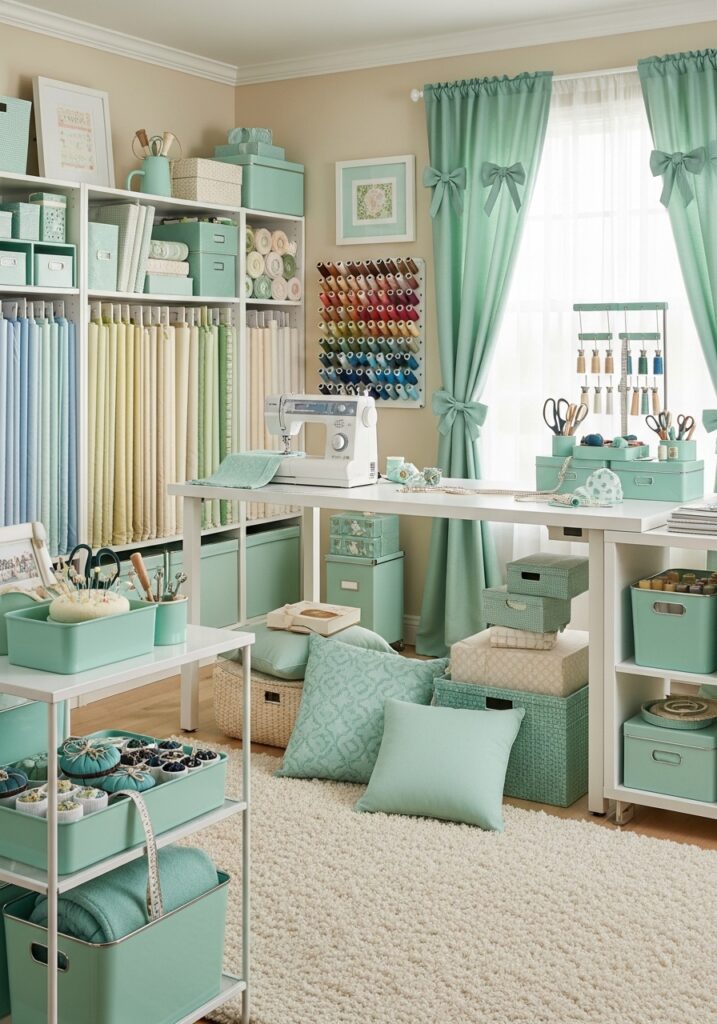  Color-coordinated sewing room with harmonious design