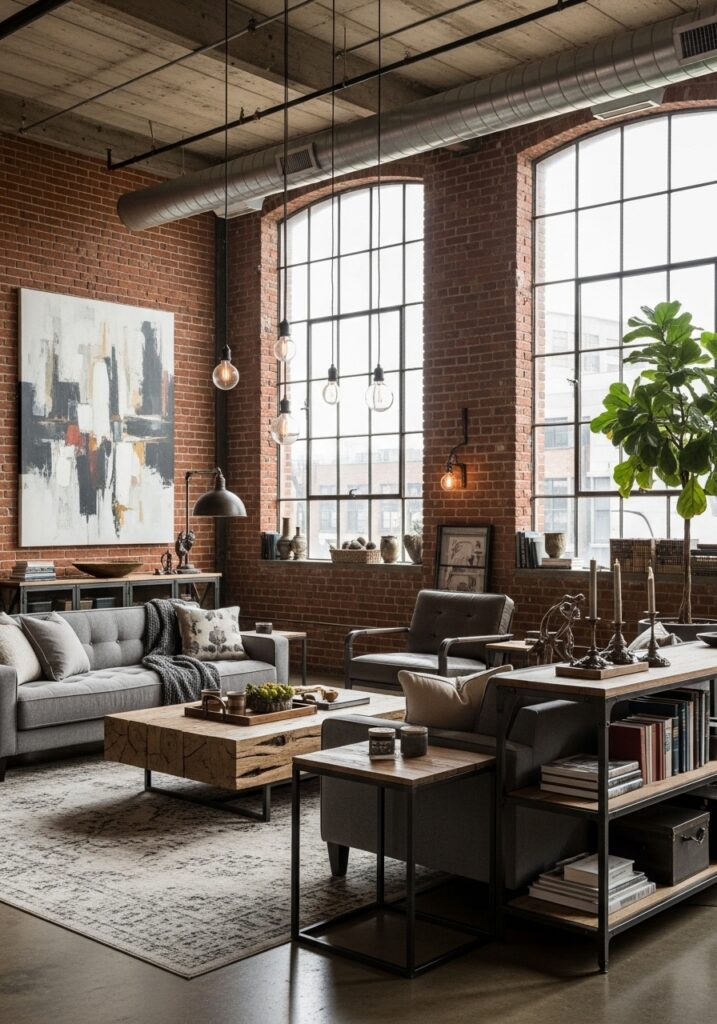  Industrial loft room with exposed brick, metal accents, high ceilings, and pendant lighting

