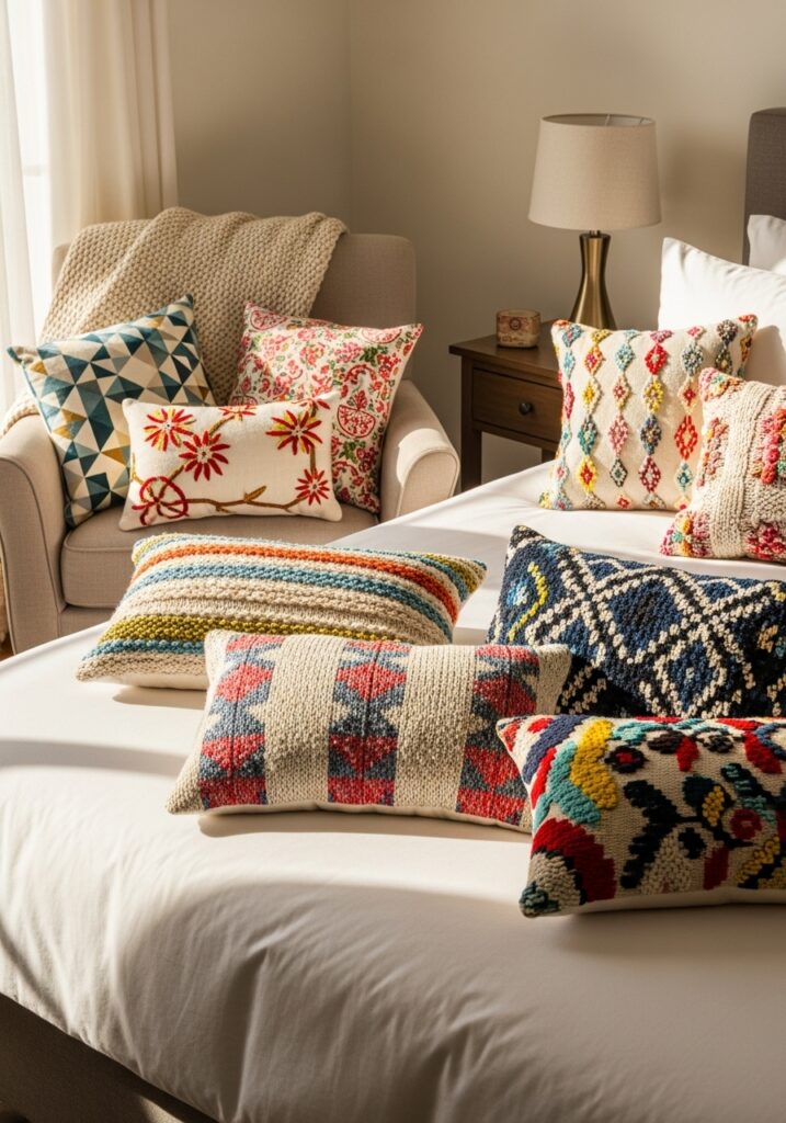 DIY decorative throw pillows with vibrant patterns on a cozy bed and chair