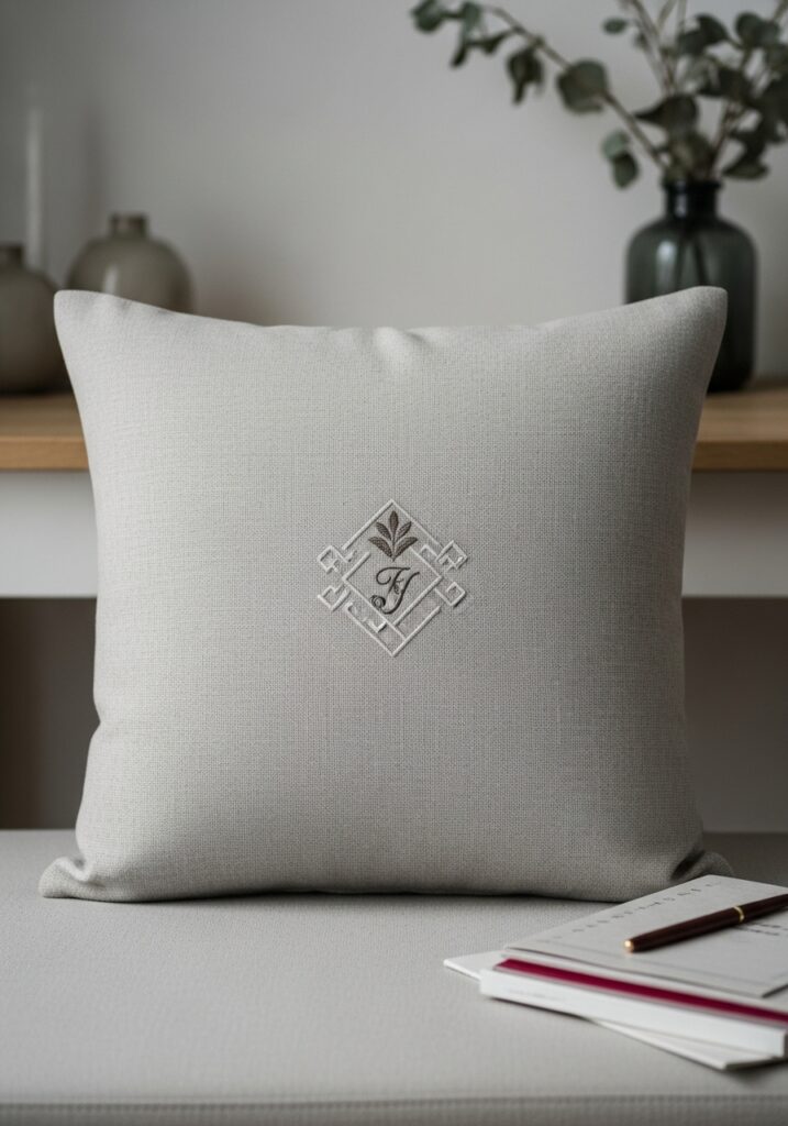 Decorative cushion with centered embroidered motif