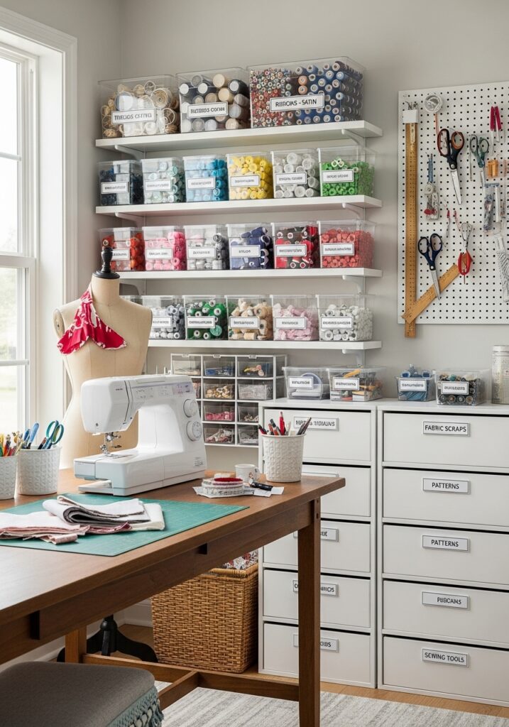  Labelled storage keeping sewing supplies organized