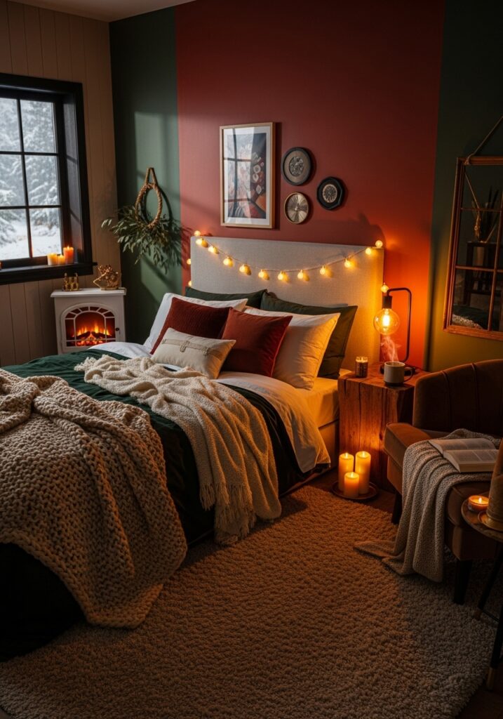 Cozy winter aesthetic room with layered blankets, warm lighting, and deep comforting tones
