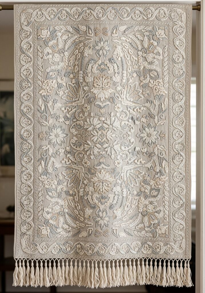 Embroidered fabric door hanging adding decorative detail