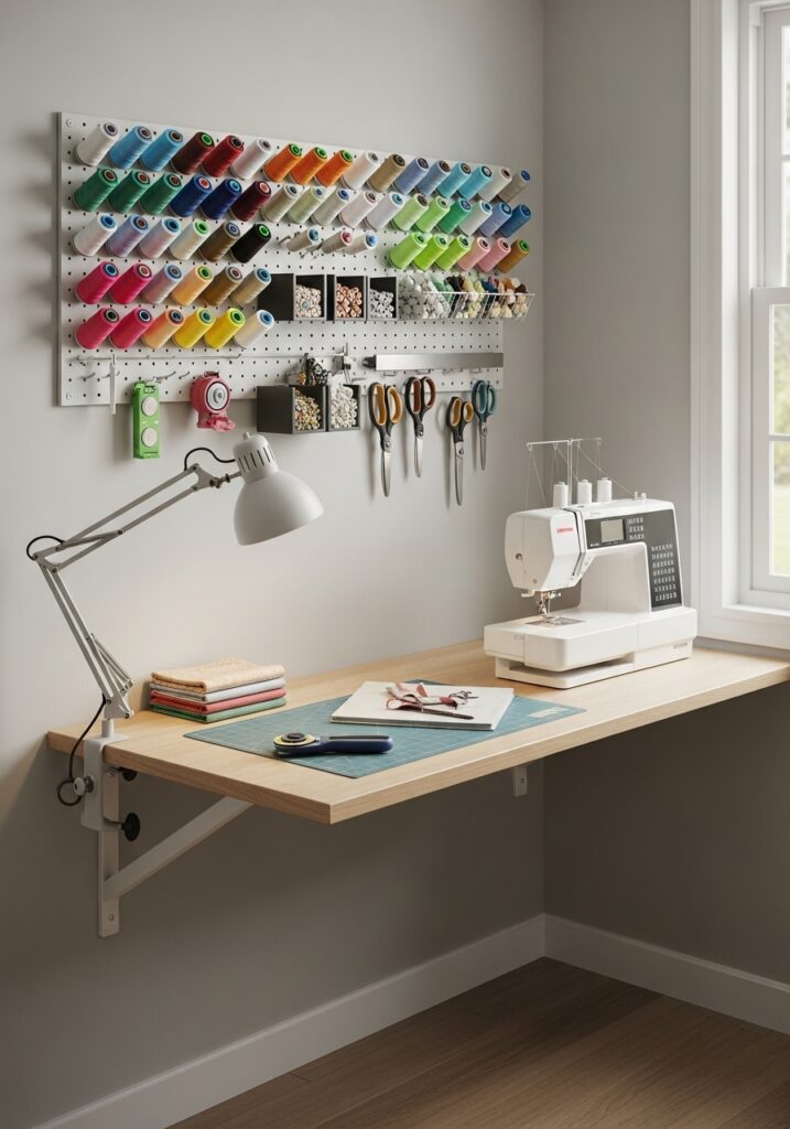  Floating desk used as a space-saving sewing workstation