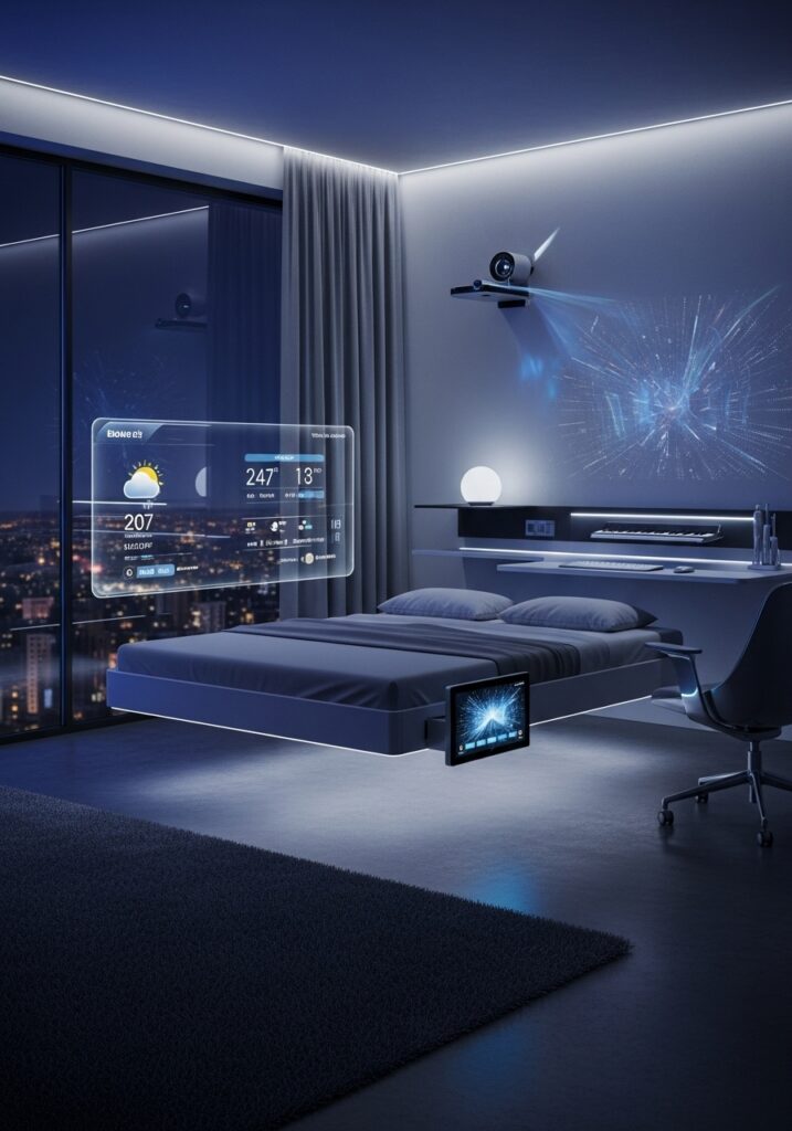 Futuristic bedroom with smart technology, LED lighting, and sleek modern furniture
