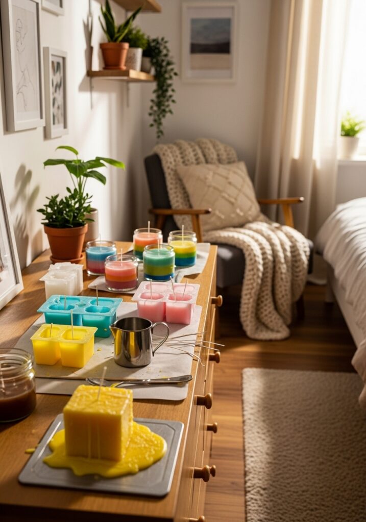 Handmade DIY candles with colorful wax placed in a calm and cozy bedroom