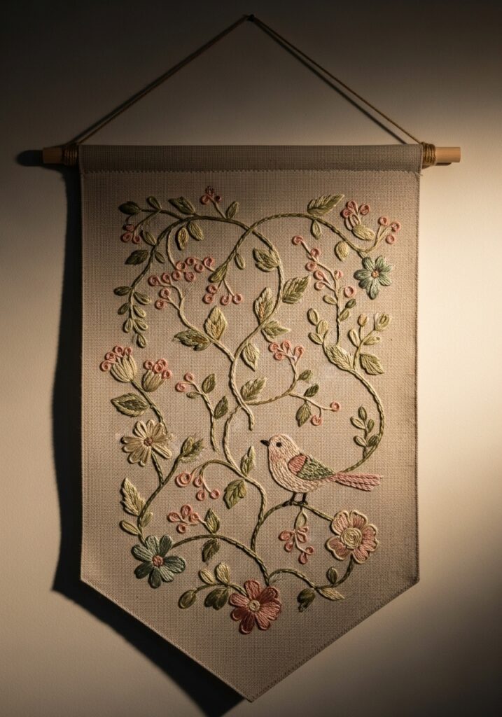 Embroidered fabric wall banner used as decorative accent