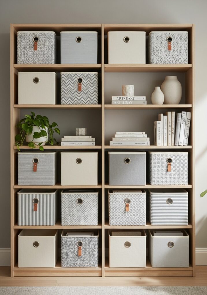 Fabric bins stored neatly on open shelves in sewing room
