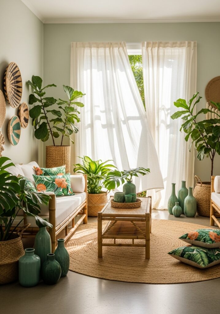Tropical aesthetic room with green plants, bamboo furniture, and bright natural sunlight
